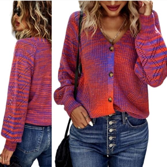 Multicolored Purple Orange Red Cardigan Sweater Size XL 12-14 - Picture 1 of 2